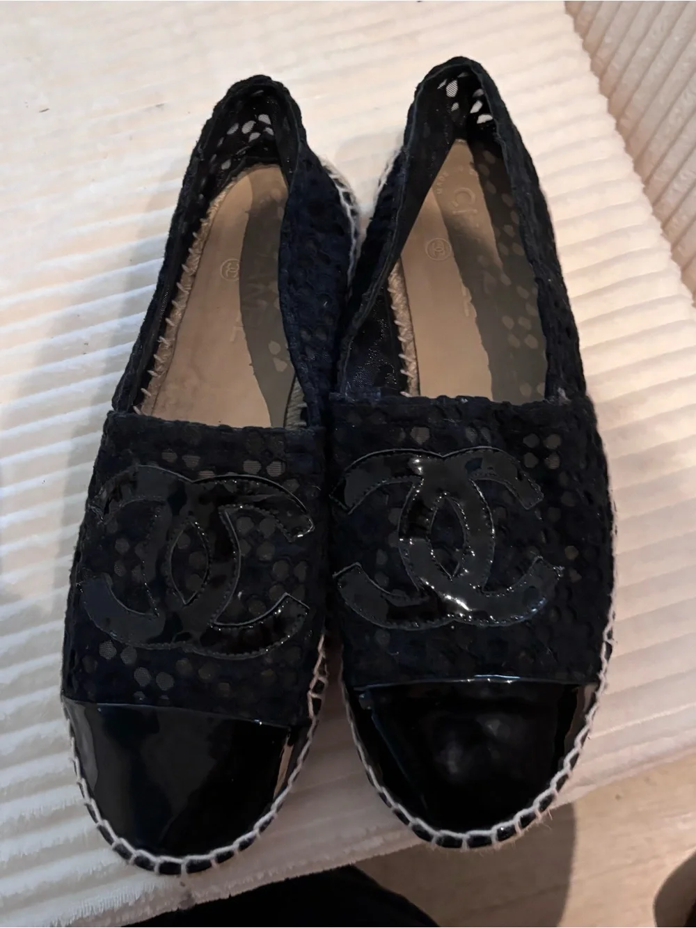 CHANEL Black Woven Espadrille Flats with Patent Cap Toe
